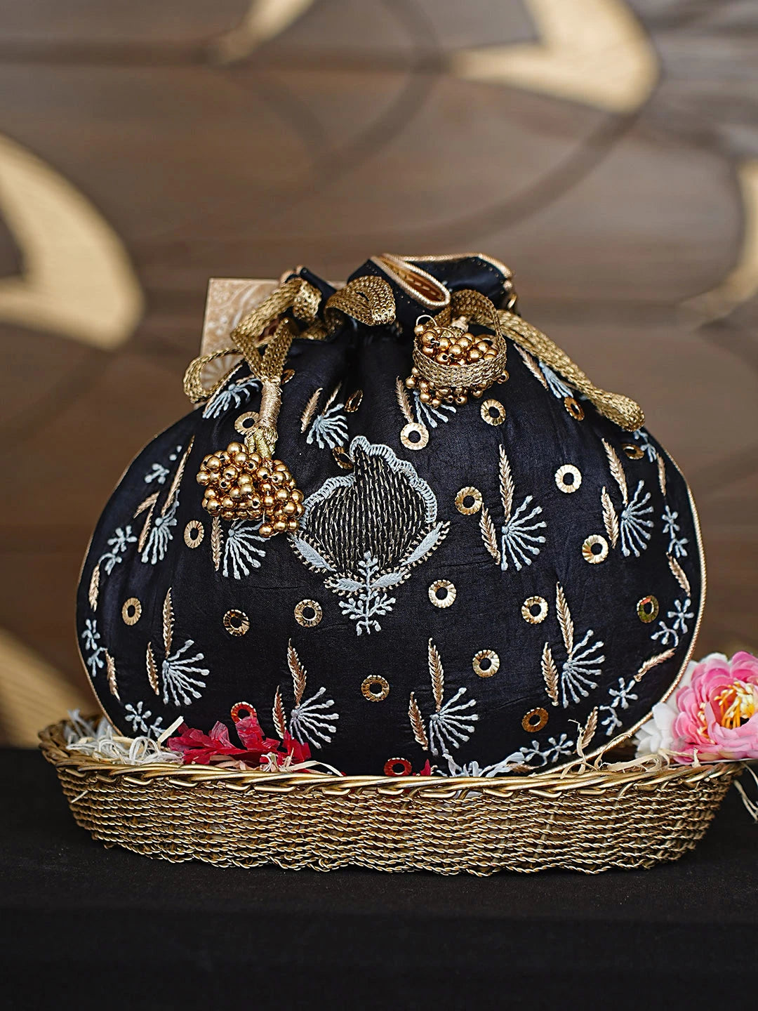 Ada Hand Embroidered Black Silk Lucknowi Chikankari Potli Bag With Zari Work 01A908853