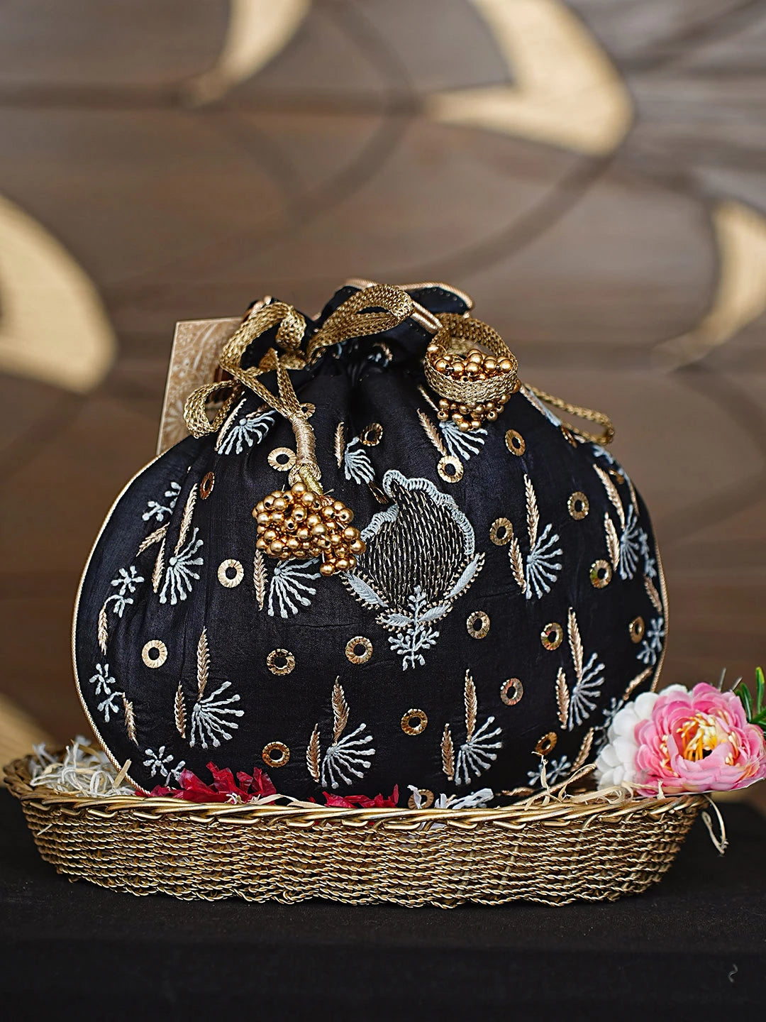 Ada Hand Embroidered Black Silk Lucknowi Chikankari Potli Bag With Zari Work 01A908853