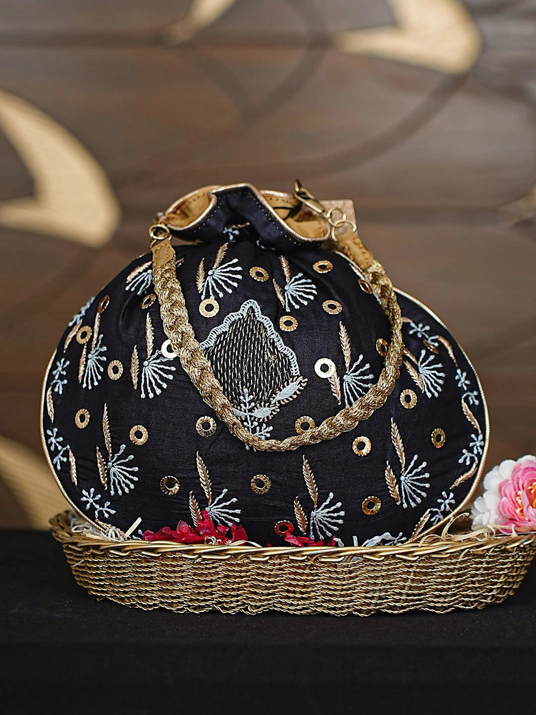Ada Hand Embroidered Black Silk Lucknowi Chikankari Potli Bag With Zari Work 01A908853