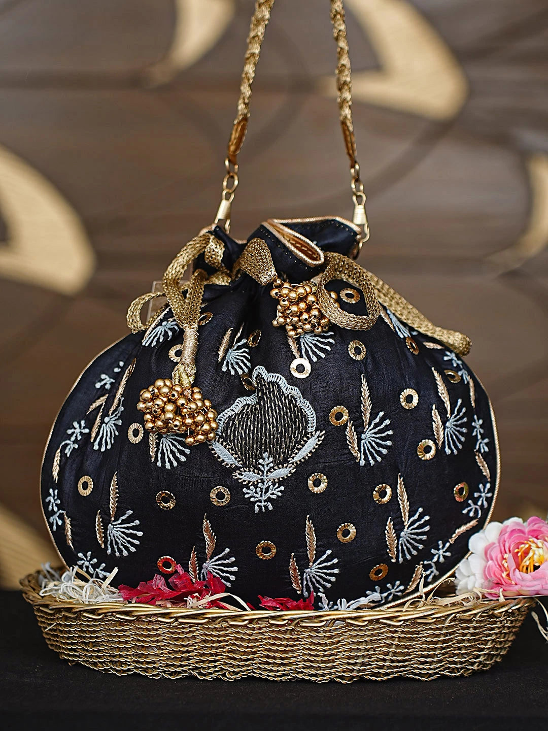 Ada Hand Embroidered Black Silk Lucknowi Chikankari Potli Bag With Zari Work 01A908853