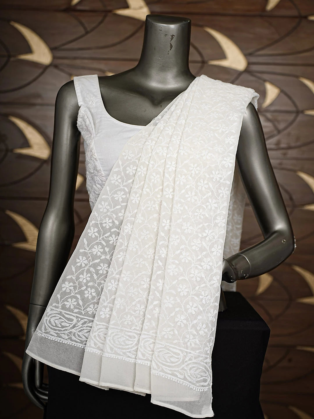 Ada Hand Embroidered Sea Shell White Pure Georgette Lucknowi Chikankari Dupatta 01A651926