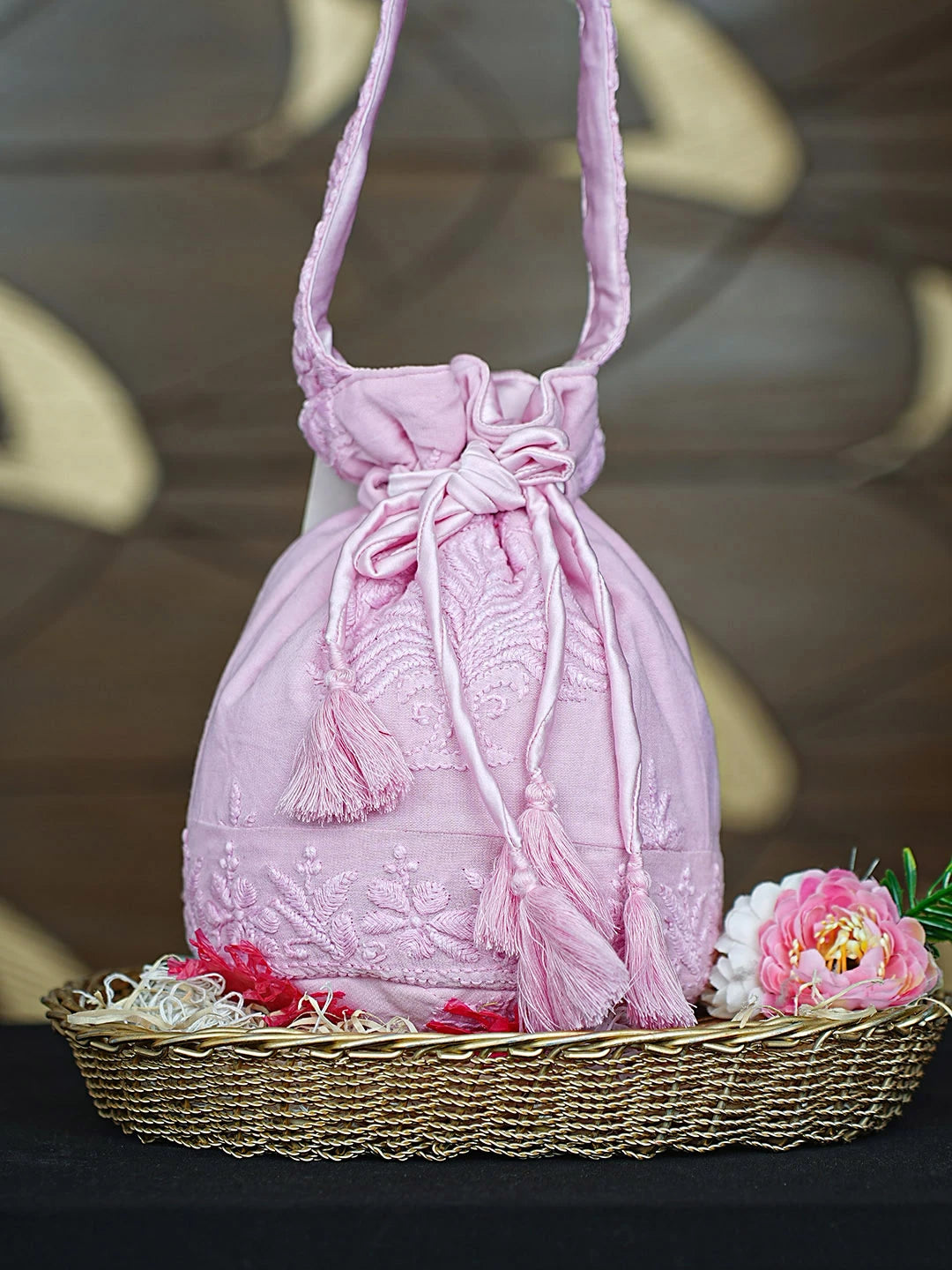 Ada Hand Embroidered Pink Viscose Georgette Lucknowi Chikankari Potli Bag 01A922782