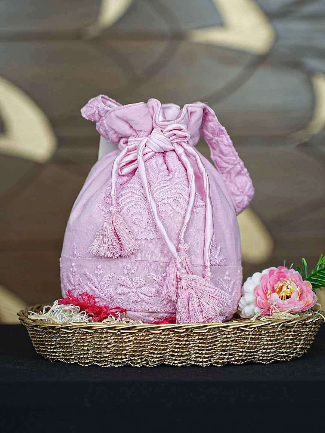 Ada Hand Embroidered Pink Viscose Georgette Lucknowi Chikankari Potli Bag 01A922782