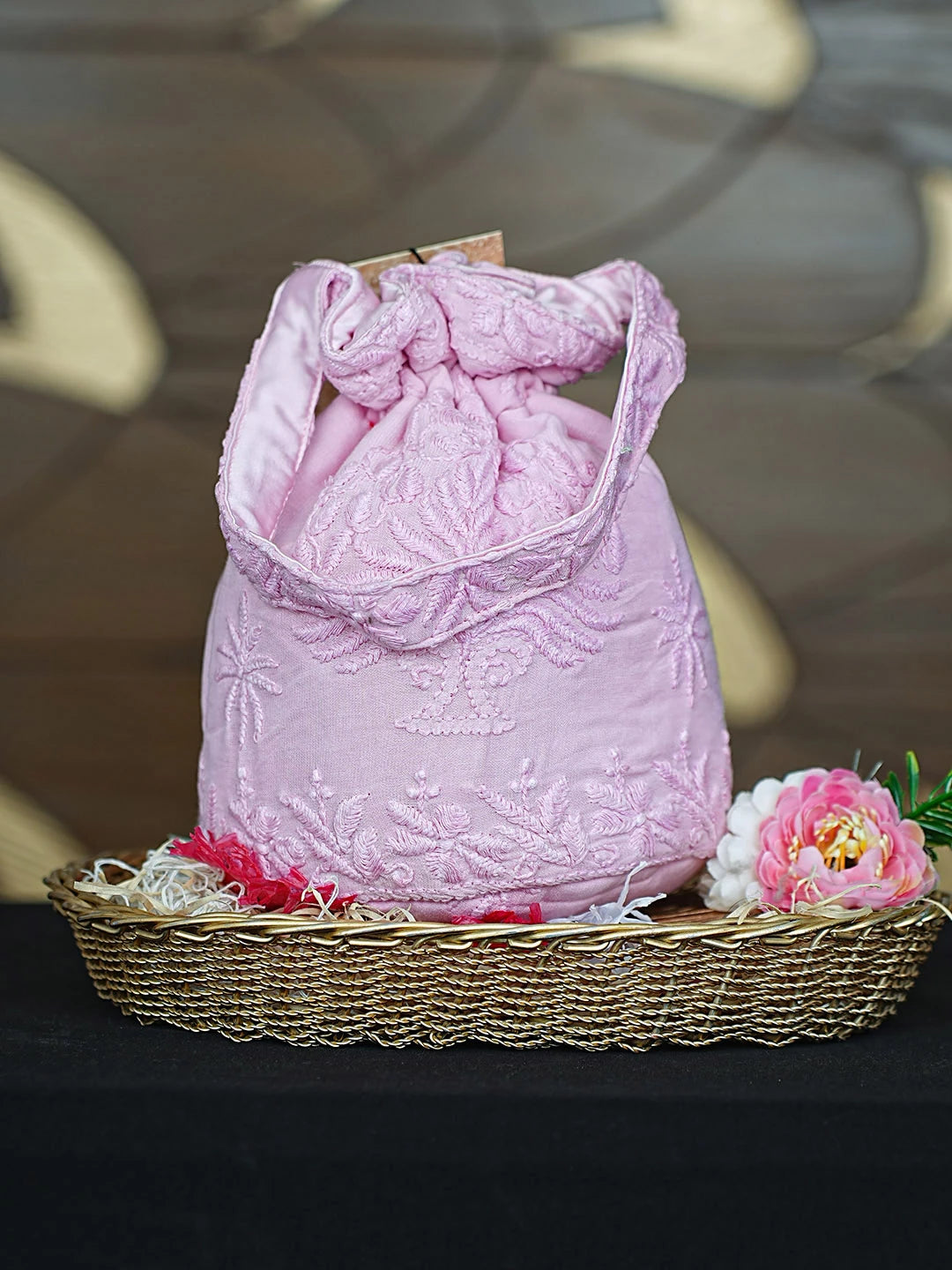 Ada Hand Embroidered Pink Viscose Georgette Lucknowi Chikankari Potli Bag 01A922782