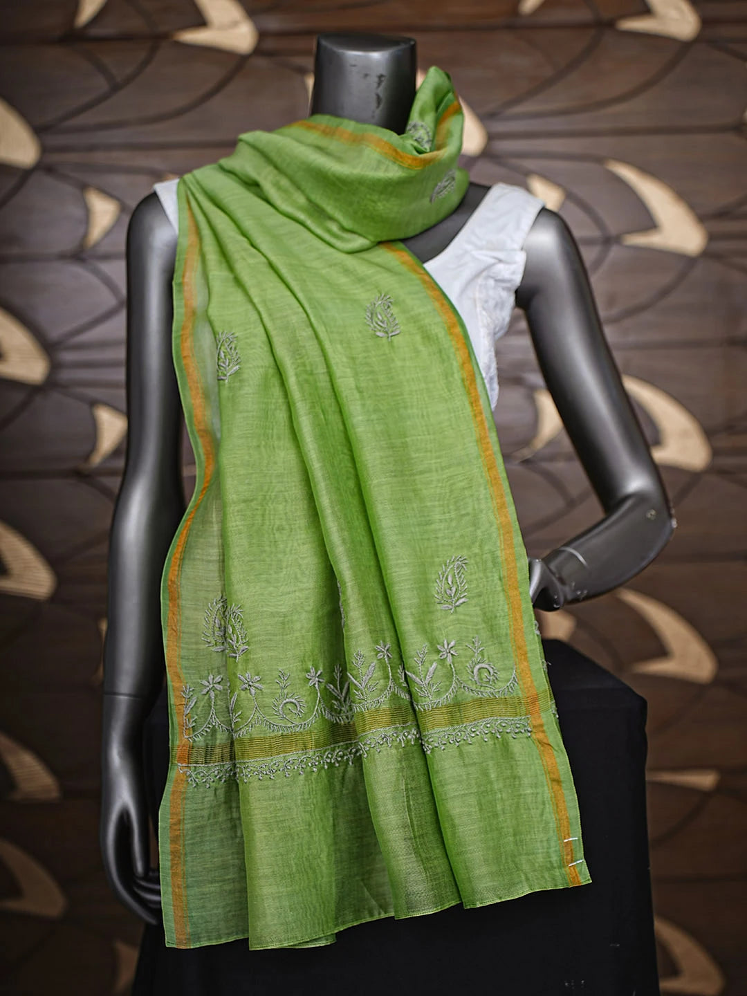 Ada Hand Embroidered Green Chanderi Lucknowi Chikankari Dupatta 01A858594
