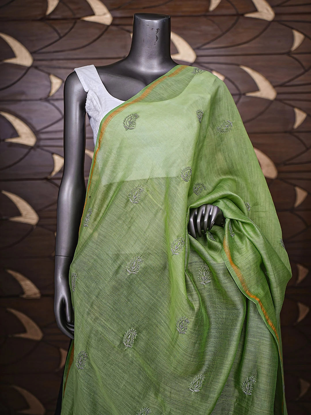 Ada Hand Embroidered Green Chanderi Lucknowi Chikankari Dupatta 01A858594