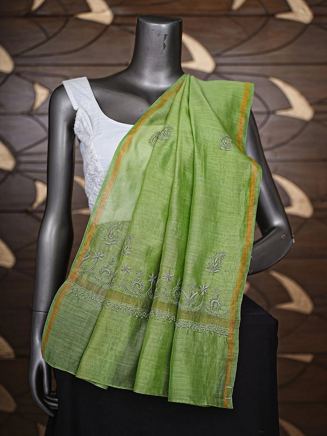 Ada Hand Embroidered Green Chanderi Lucknowi Chikankari Dupatta 01A858594