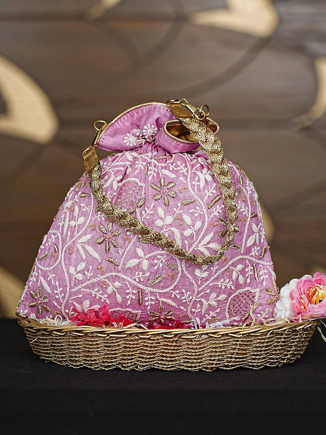 Ada Hand Embroidered Pink Silk Lucknowi Chikankari Potli Bag With Zari Work 01A921458