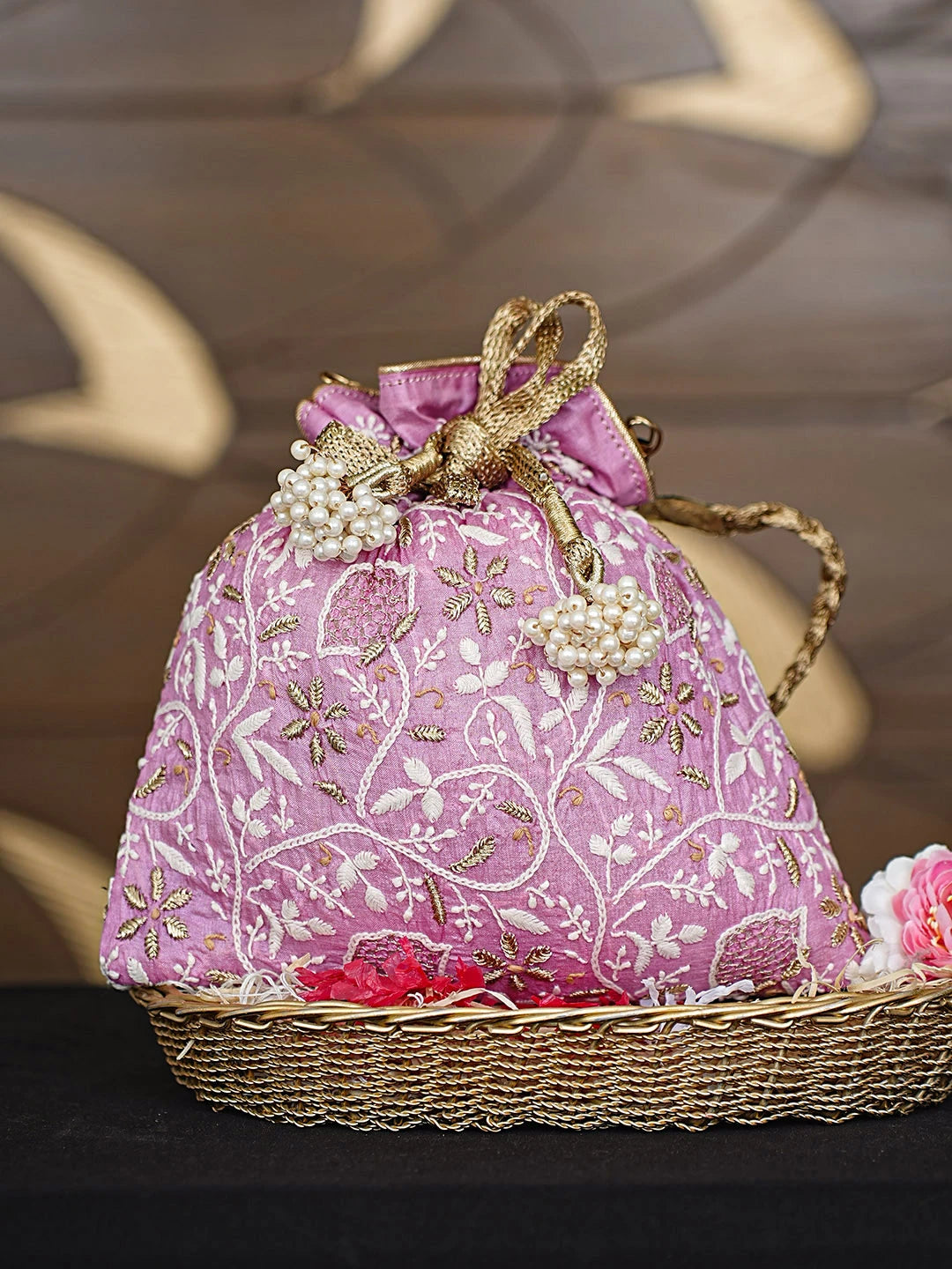 Ada Hand Embroidered Pink Silk Lucknowi Chikankari Potli Bag With Zari Work 01A921458