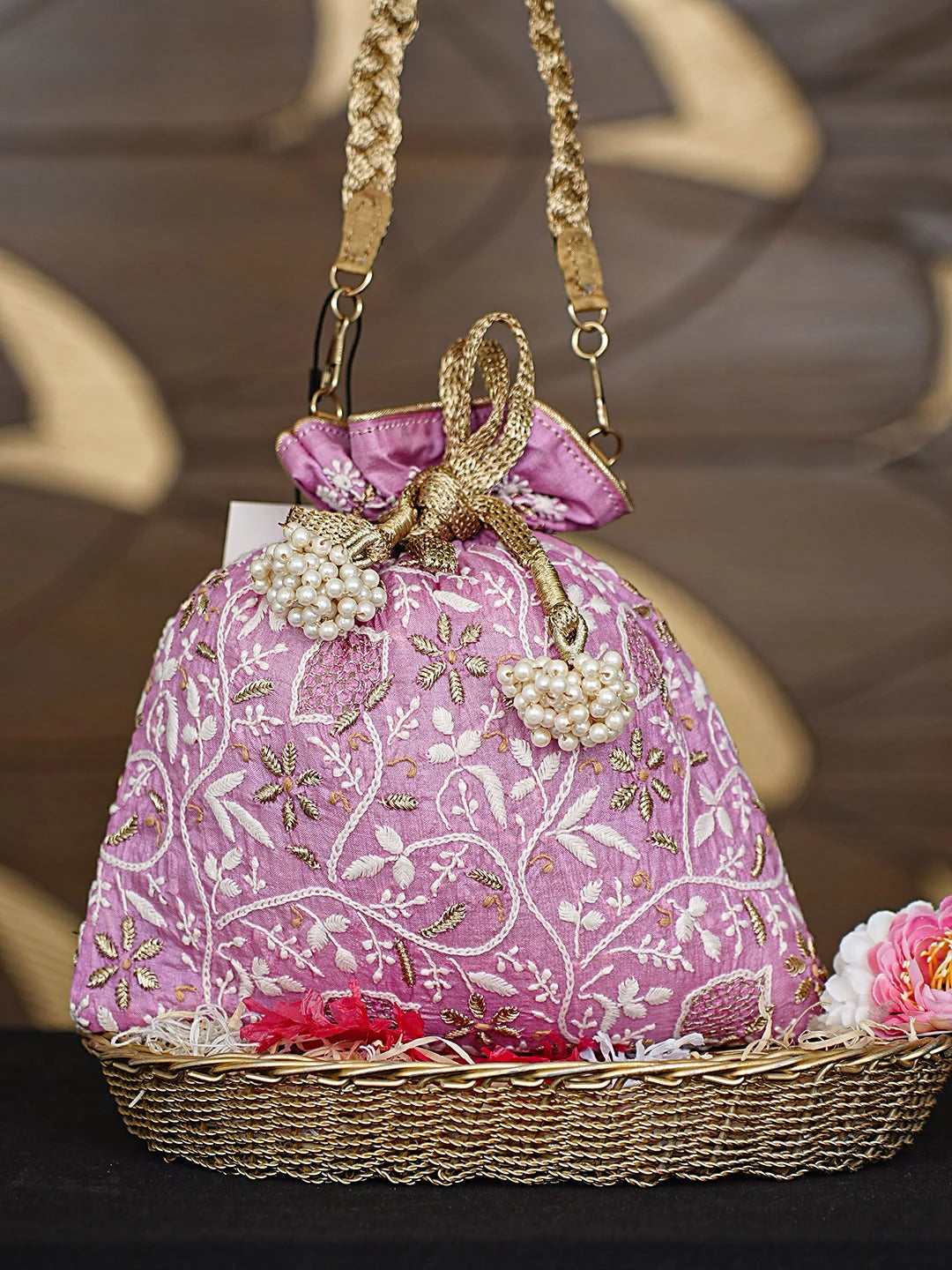 Ada Hand Embroidered Pink Silk Lucknowi Chikankari Potli Bag With Zari Work 01A921458