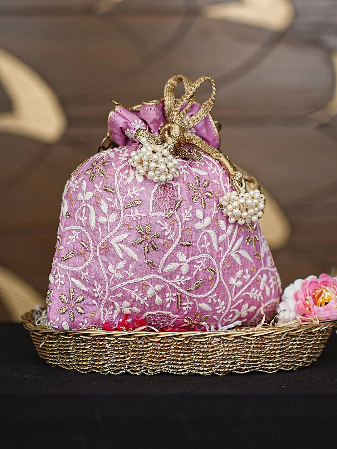 Ada Hand Embroidered Pink Silk Lucknowi Chikankari Potli Bag With Zari Work 01A921458
