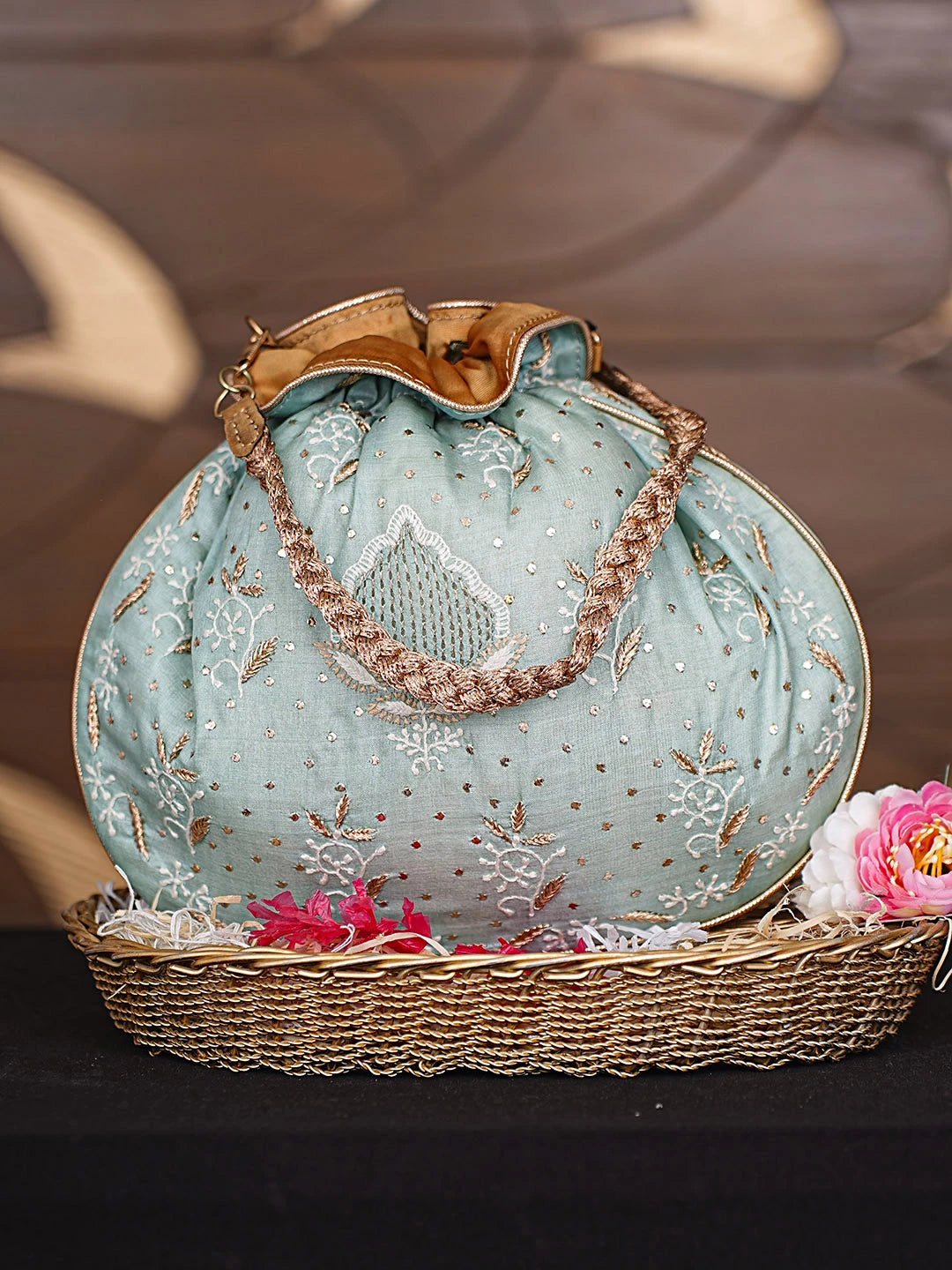 Ada Hand Embroidered Sea Green Silk Lucknowi Chikankari Potli Bag With Zari Work 01A908854