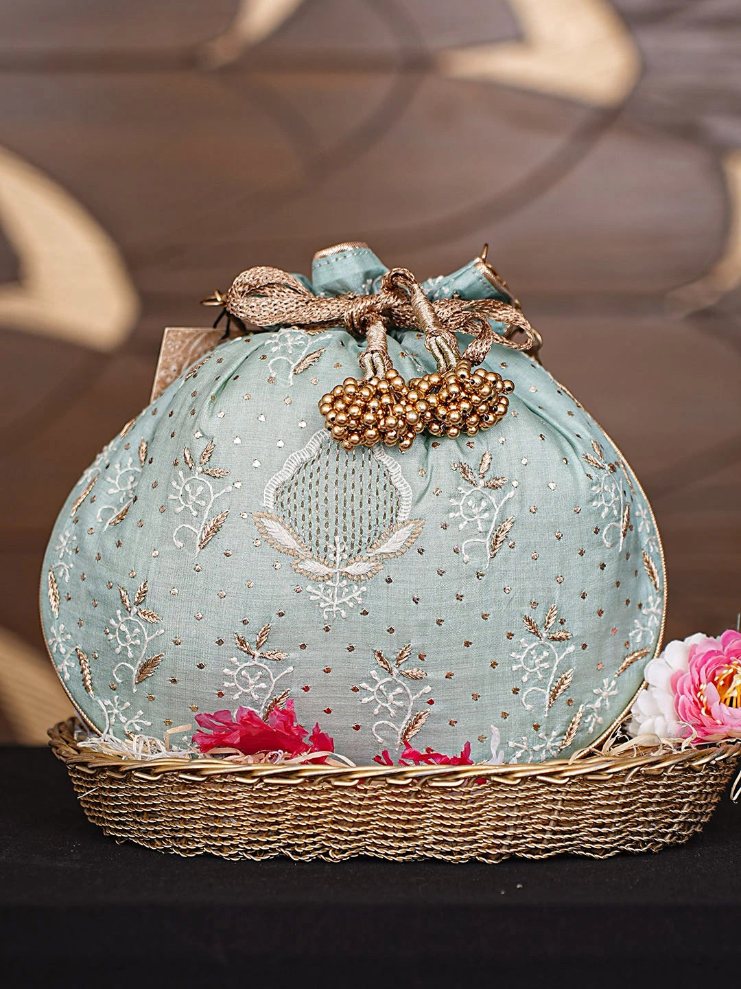Ada Hand Embroidered Sea Green Silk Lucknowi Chikankari Potli Bag With Zari Work 01A908854
