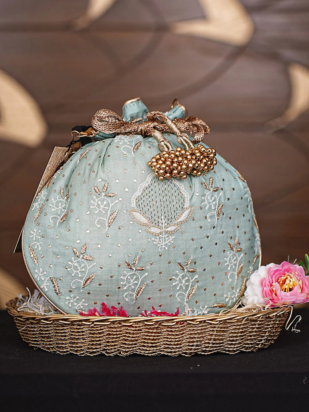 Ada Hand Embroidered Sea Green Silk Lucknowi Chikankari Potli Bag With Zari Work 01A908854