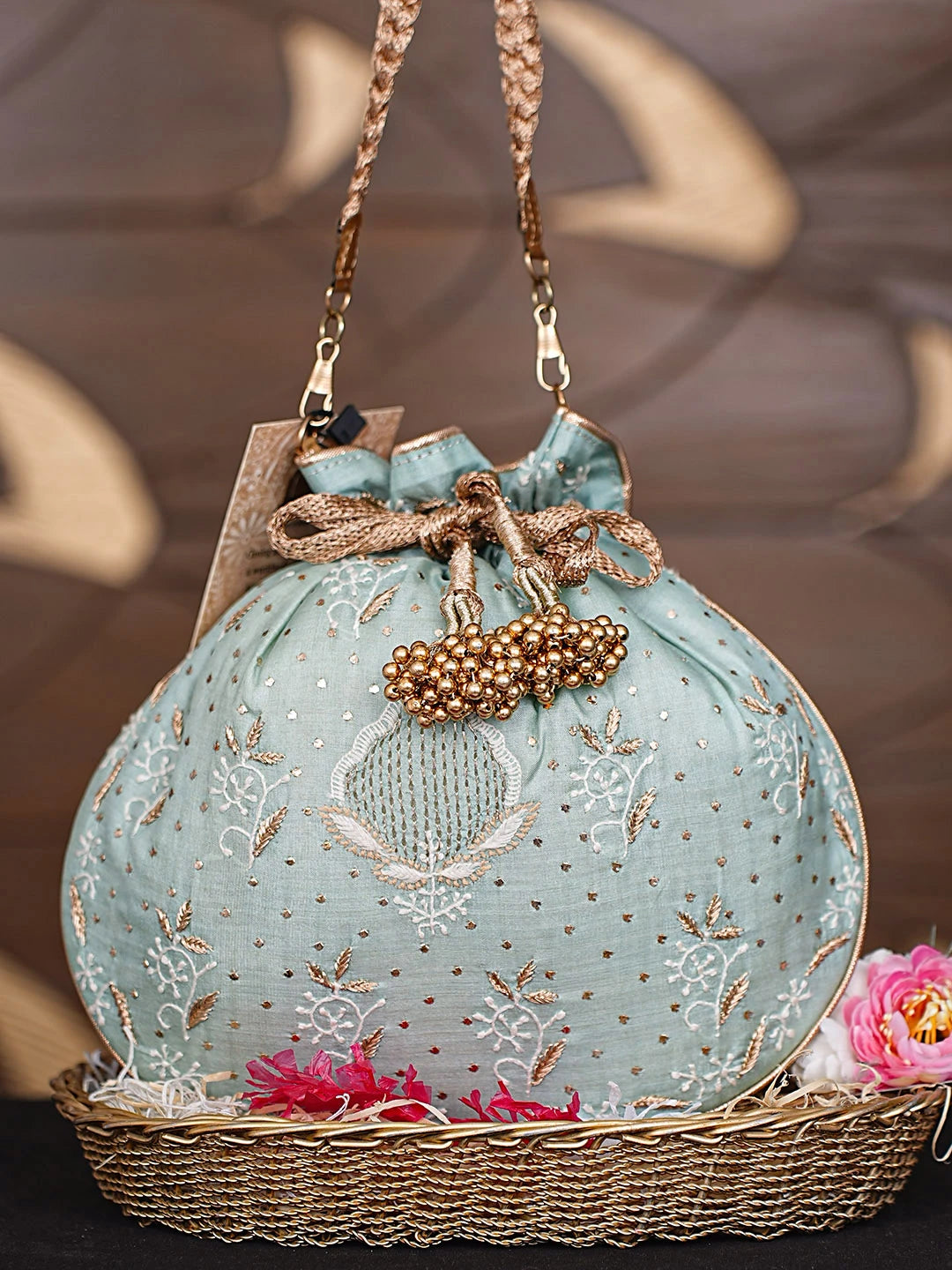 Ada Hand Embroidered Sea Green Silk Lucknowi Chikankari Potli Bag With Zari Work 01A908854