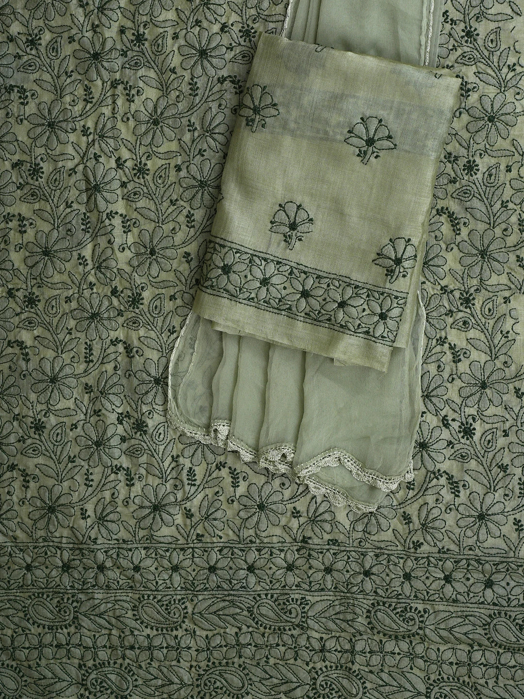 Ada Hand Embroidered Pista Green Tussar Silk Lucknowi Chikankari Unstitched Suit Piece 01A903901