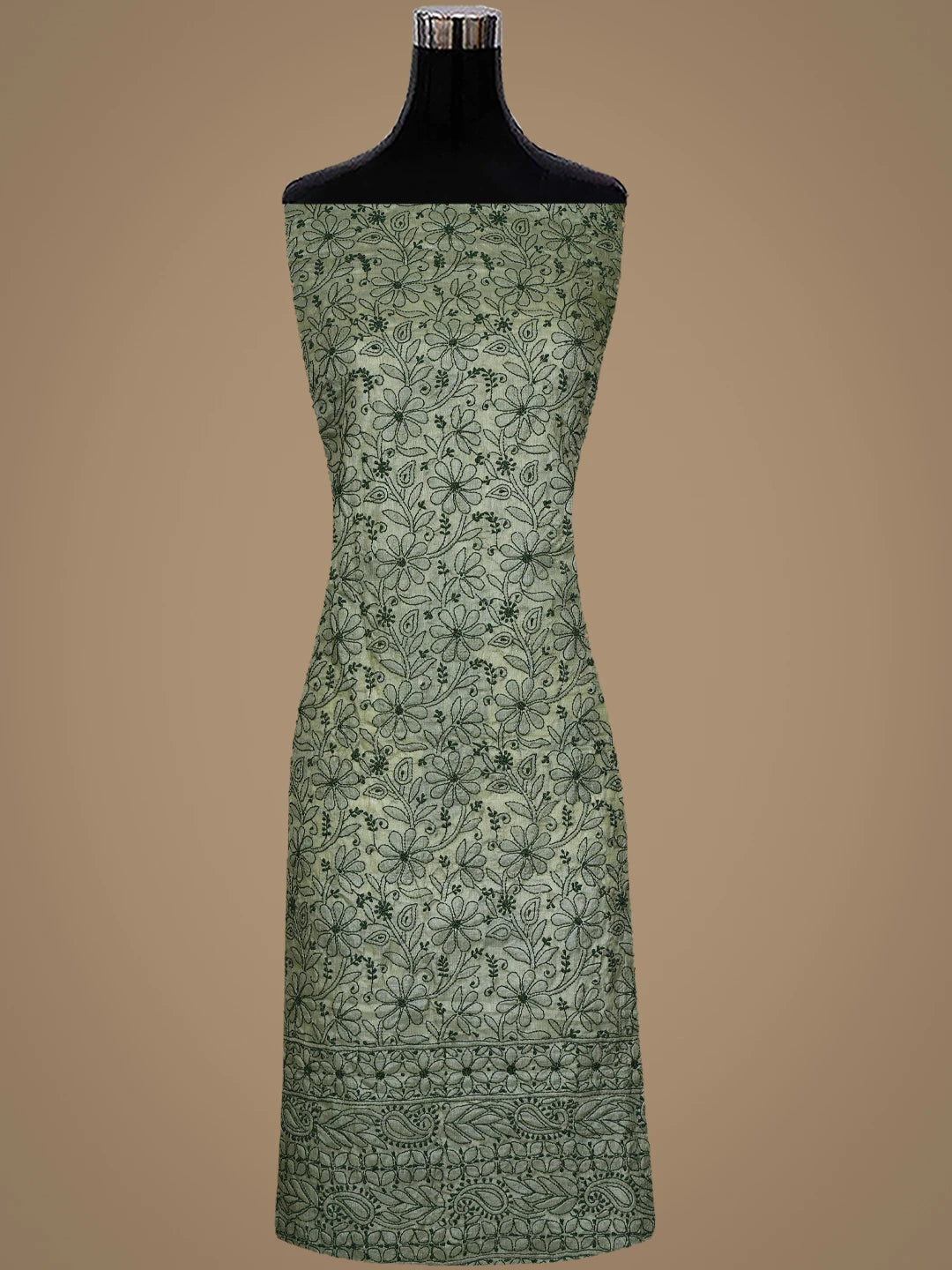Ada Hand Embroidered Pista Green Tussar Silk Lucknowi Chikankari Unstitched Suit Piece 01A903901