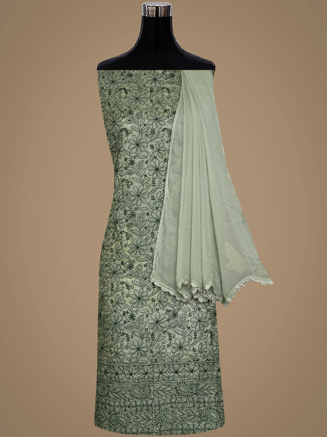 Ada Hand Embroidered Pista Green Tussar Silk Lucknowi Chikankari Unstitched Suit Piece 01A903901