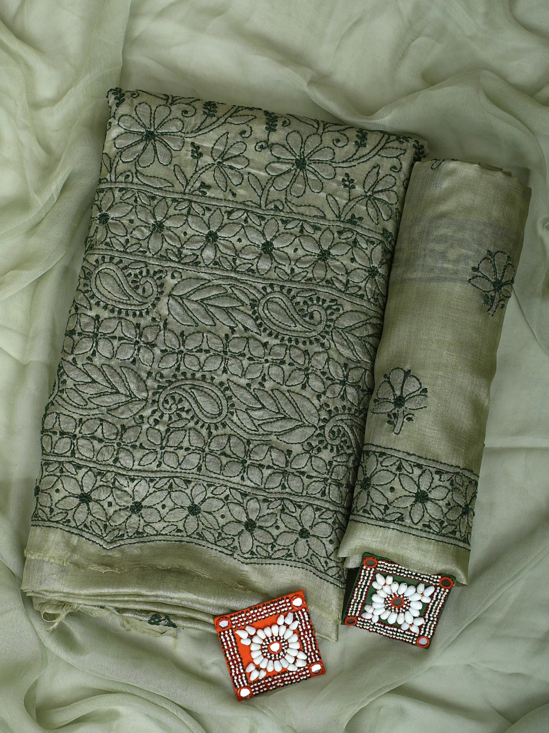 Ada Hand Embroidered Pista Green Tussar Silk Lucknowi Chikankari Unstitched Suit Piece 01A903901