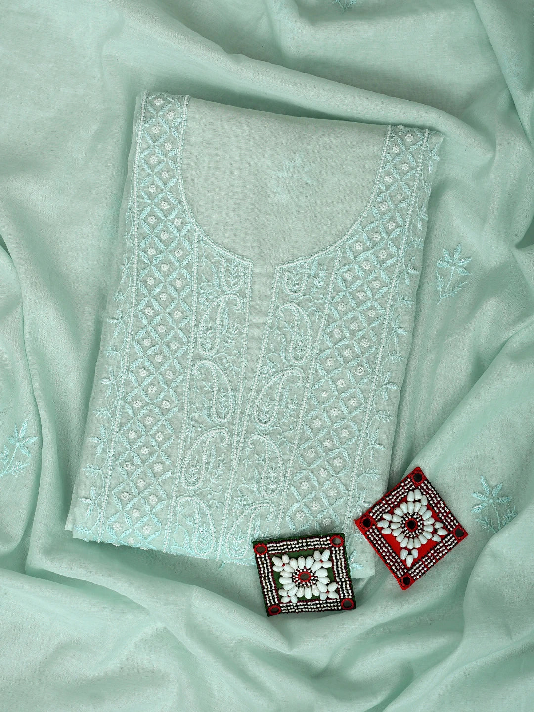 Ada Hand Embroidered Sea Green Chanderi Lucknowi Chikankari Unstitched Kurta Dupatta Set With Cutdana Work 01A911513