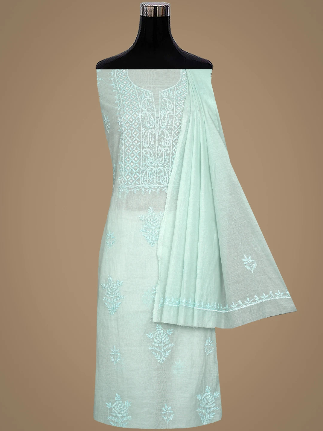 Ada Hand Embroidered Sea Green Chanderi Lucknowi Chikankari Unstitched Kurta Dupatta Set With Cutdana Work 01A911513