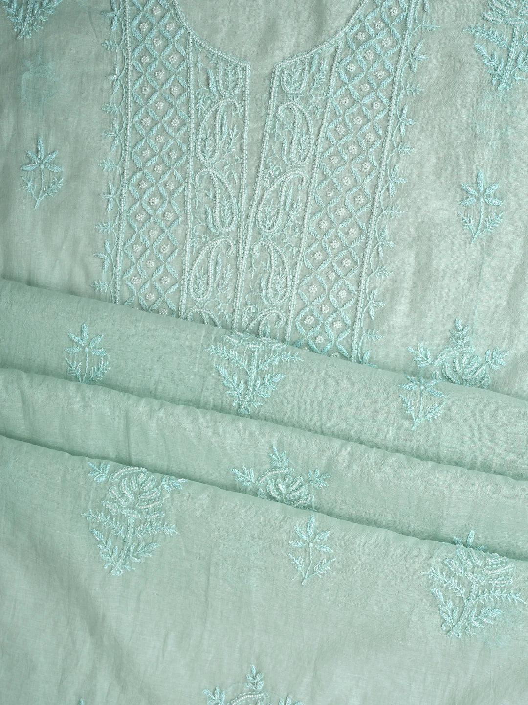 Ada Hand Embroidered Sea Green Chanderi Lucknowi Chikankari Unstitched Kurta Dupatta Set With Cutdana Work 01A911513
