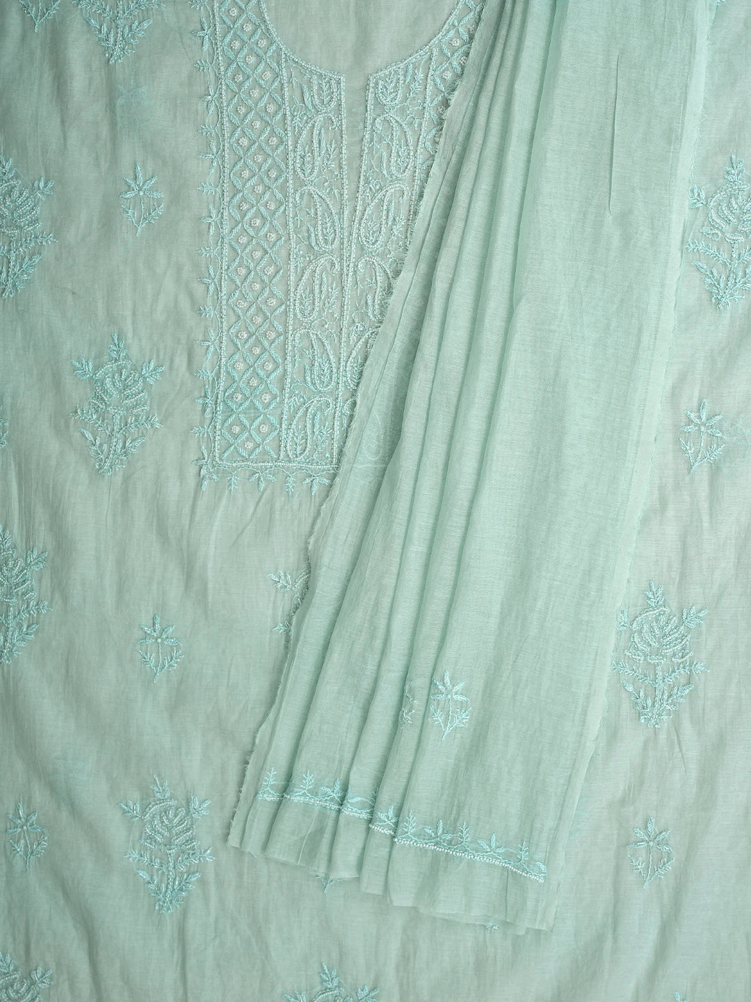 Ada Hand Embroidered Sea Green Chanderi Lucknowi Chikankari Unstitched Kurta Dupatta Set With Cutdana Work 01A911513