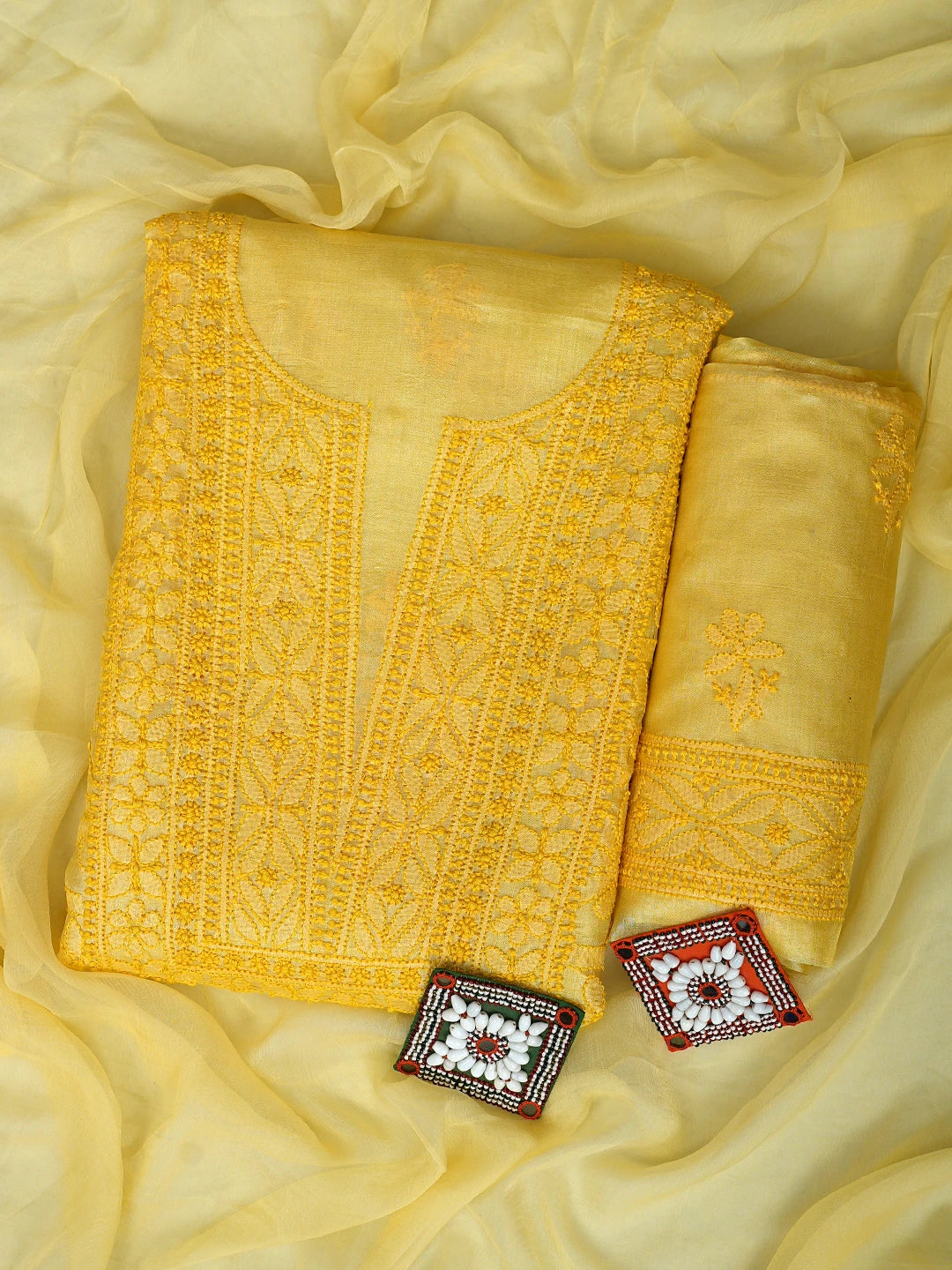 Ada Hand Embroidered Yellow Tussar Silk Lucknowi Chikankari Unstitched Suit Piece 01A903908