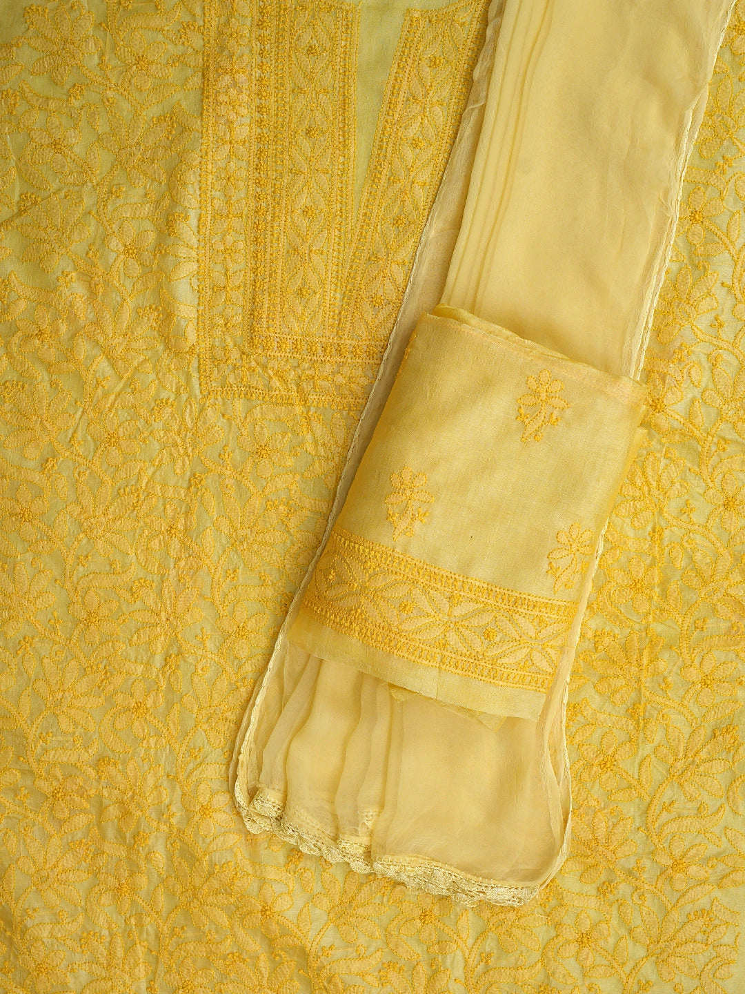 Ada Hand Embroidered Yellow Tussar Silk Lucknowi Chikankari Unstitched Suit Piece 01A903908