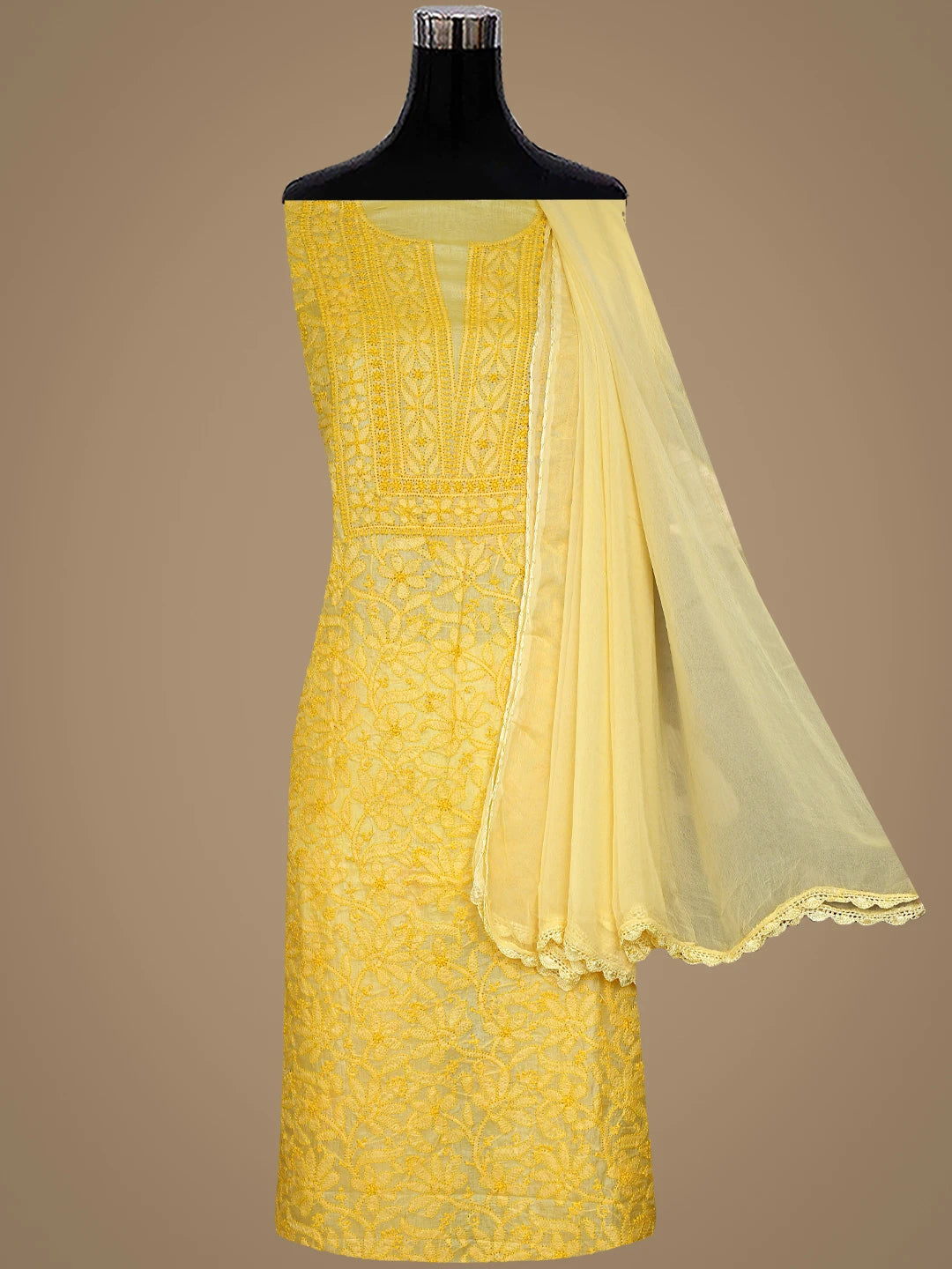 Ada Hand Embroidered Yellow Tussar Silk Lucknowi Chikankari Unstitched Suit Piece 01A903908