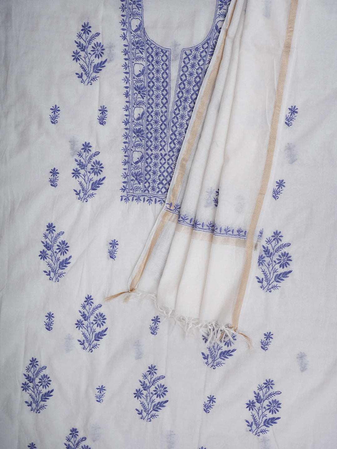 Ada Hand Embroidered White Ivory Chanderi Lucknowi Chikankari Unstitched Kurta Dupatta Set 01A903210
