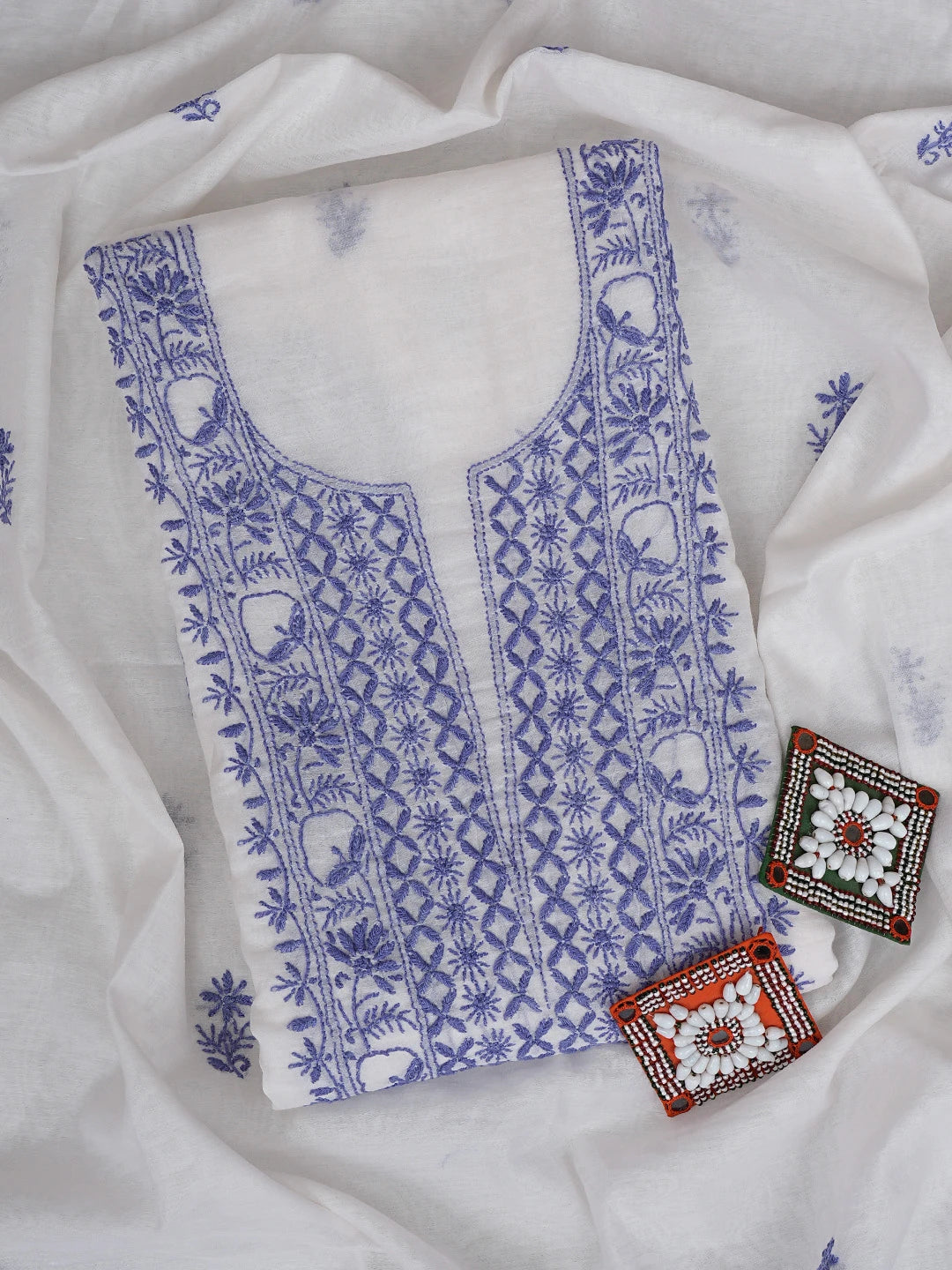 Ada Hand Embroidered White Ivory Chanderi Lucknowi Chikankari Unstitched Kurta Dupatta Set 01A903210