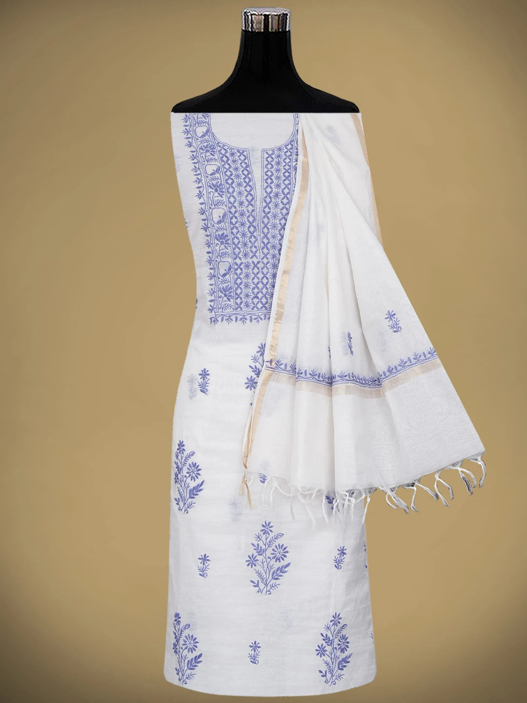 Ada Hand Embroidered White Ivory Chanderi Lucknowi Chikankari Unstitched Kurta Dupatta Set 01A903210