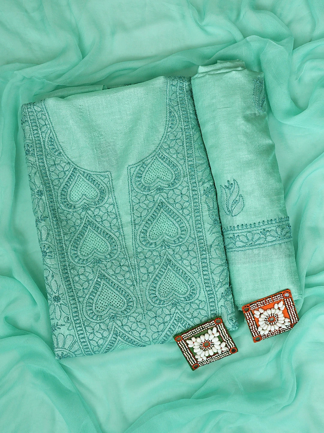 Ada Hand Embroidered Sea Green Silk Lucknowi Chikankari Unstitched Suit Piece 01A908068