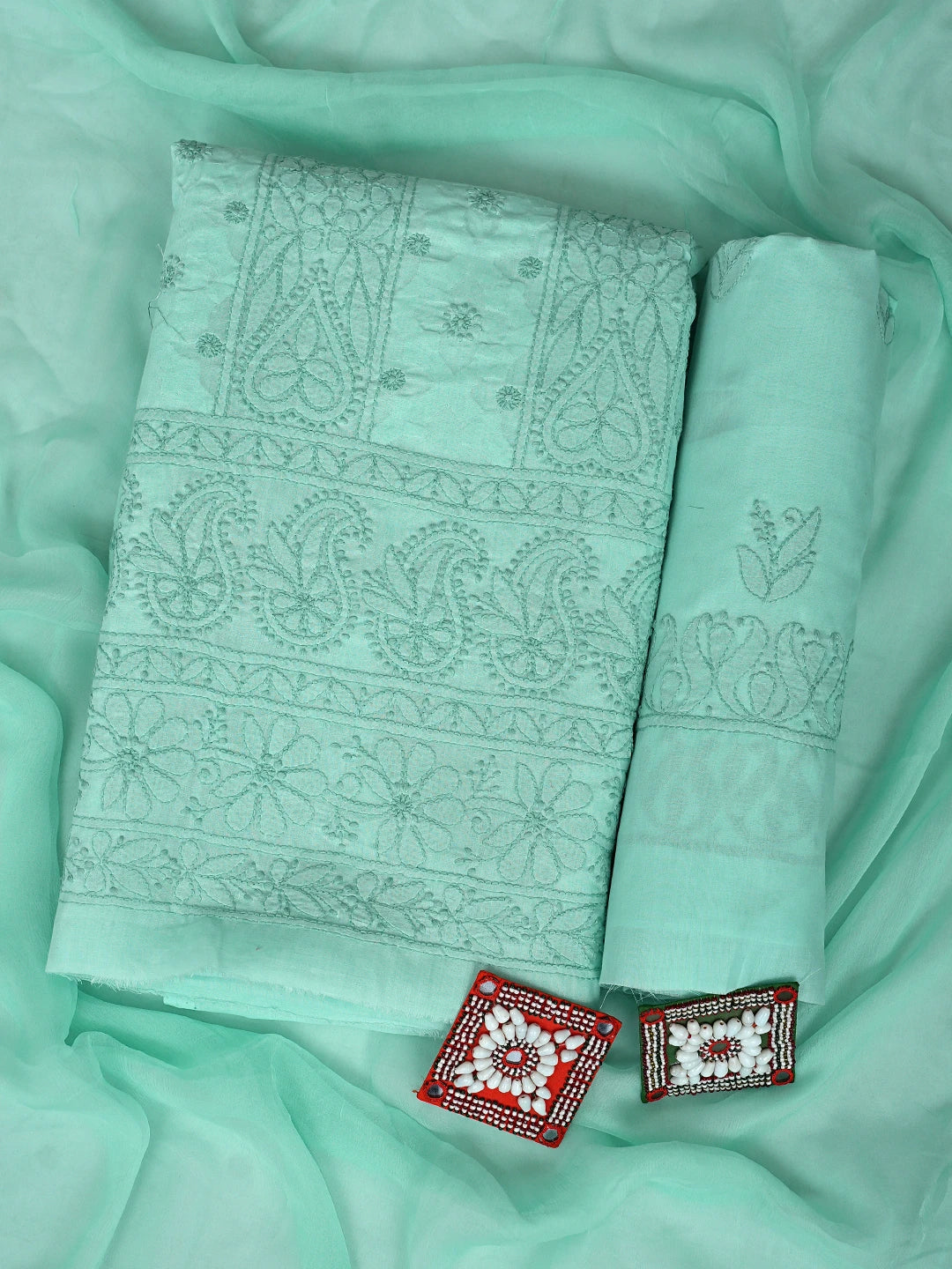 Ada Hand Embroidered Sea Green Cotton Lucknowi Chikankari Unstitched Suit Piece 01A900224