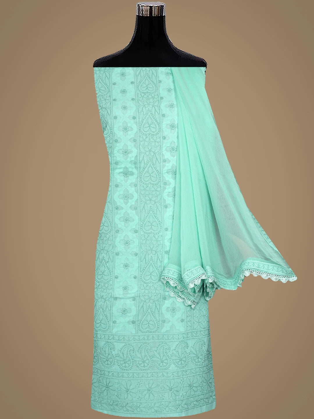Ada Hand Embroidered Sea Green Cotton Lucknowi Chikankari Unstitched Suit Piece 01A900224