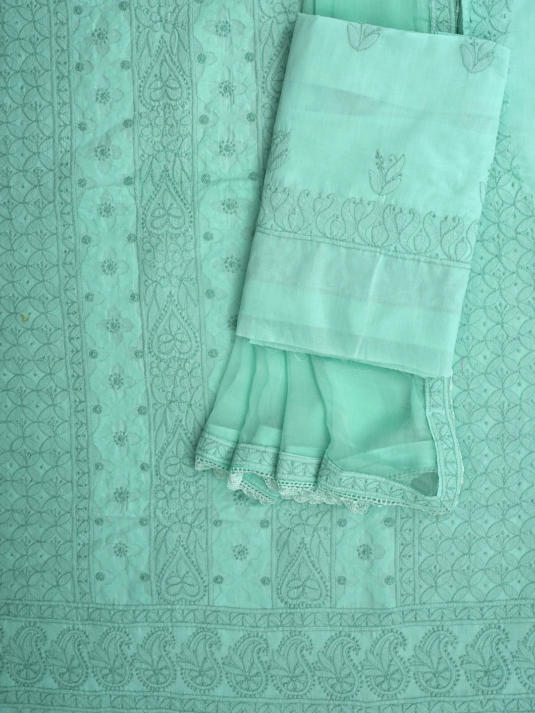 Ada Hand Embroidered Sea Green Cotton Lucknowi Chikankari Unstitched Suit Piece 01A900224