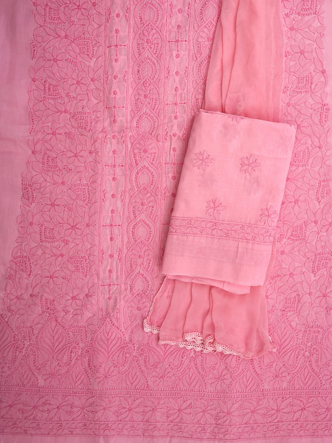 Ada Hand Embroidered Momo Peach Cotton Lucknowi Chikankari Unstitched Suit Piece 01A900218
