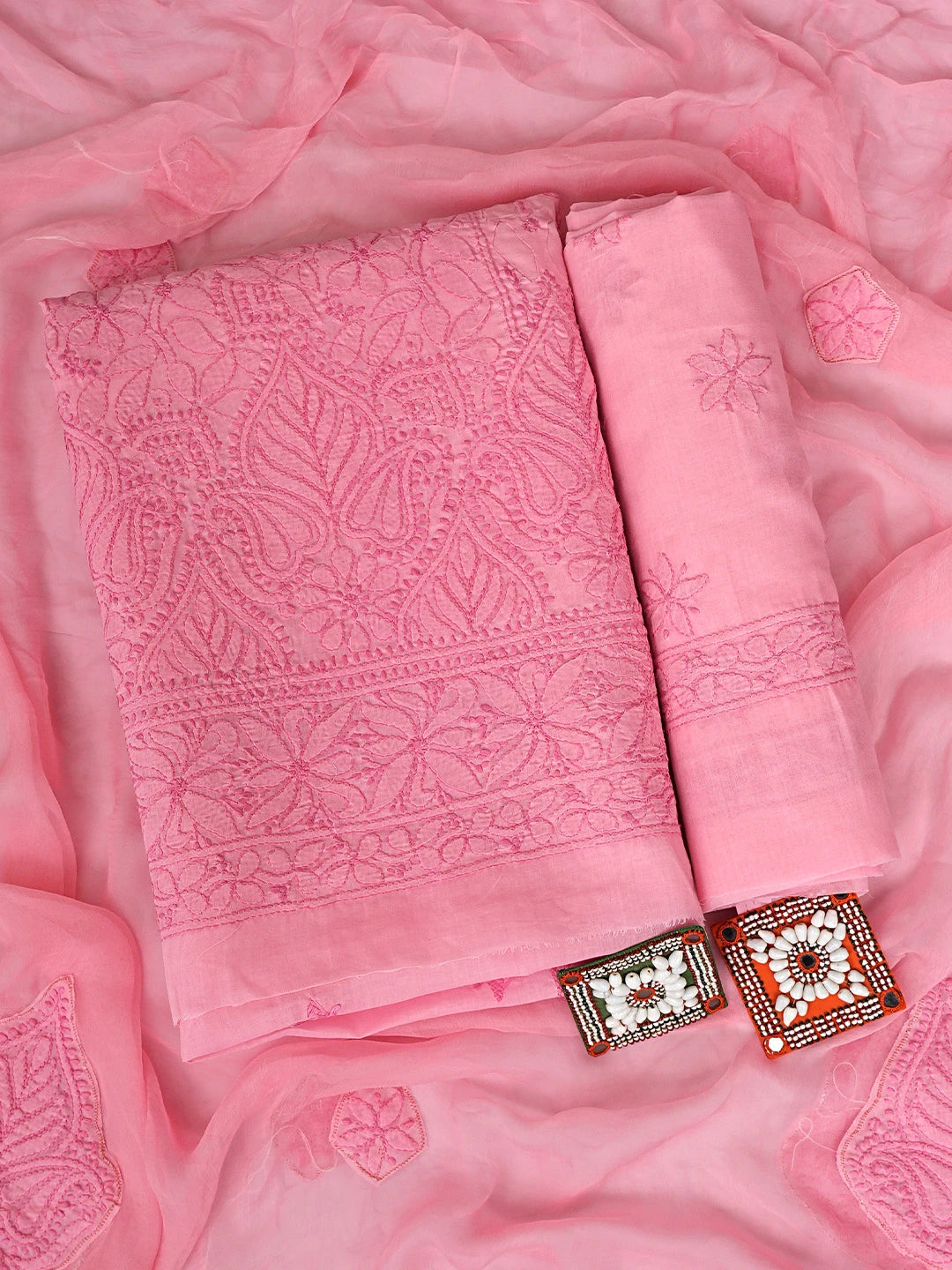 Ada Hand Embroidered Momo Peach Cotton Lucknowi Chikankari Unstitched Suit Piece 01A900218