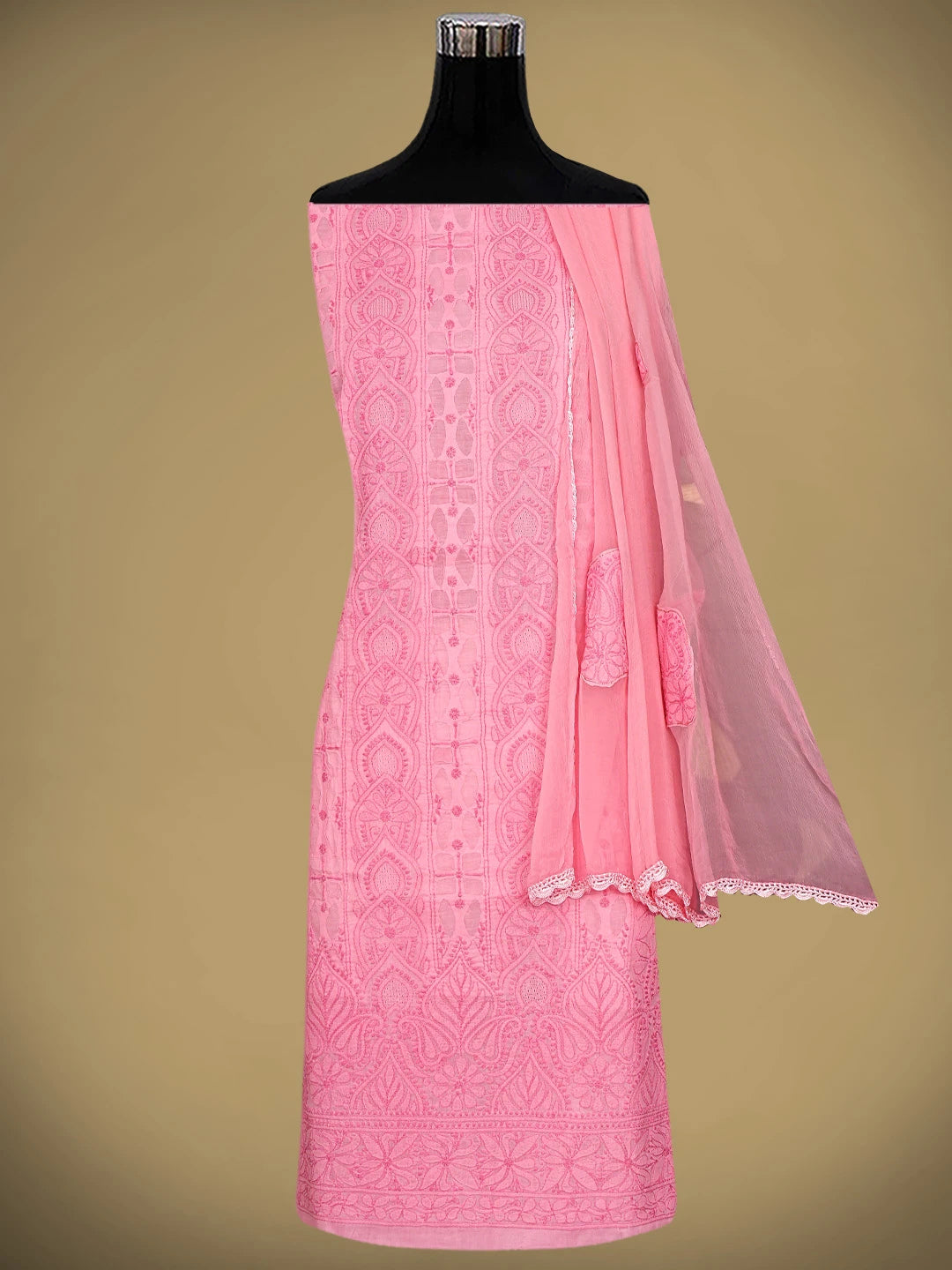 Ada Hand Embroidered Momo Peach Cotton Lucknowi Chikankari Unstitched Suit Piece 01A900218