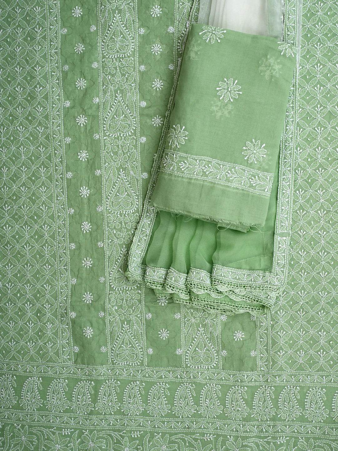 Ada Hand Embroidered Sage Green Cotton Lucknowi Chikankari Unstitched Suit Piece 01A900239