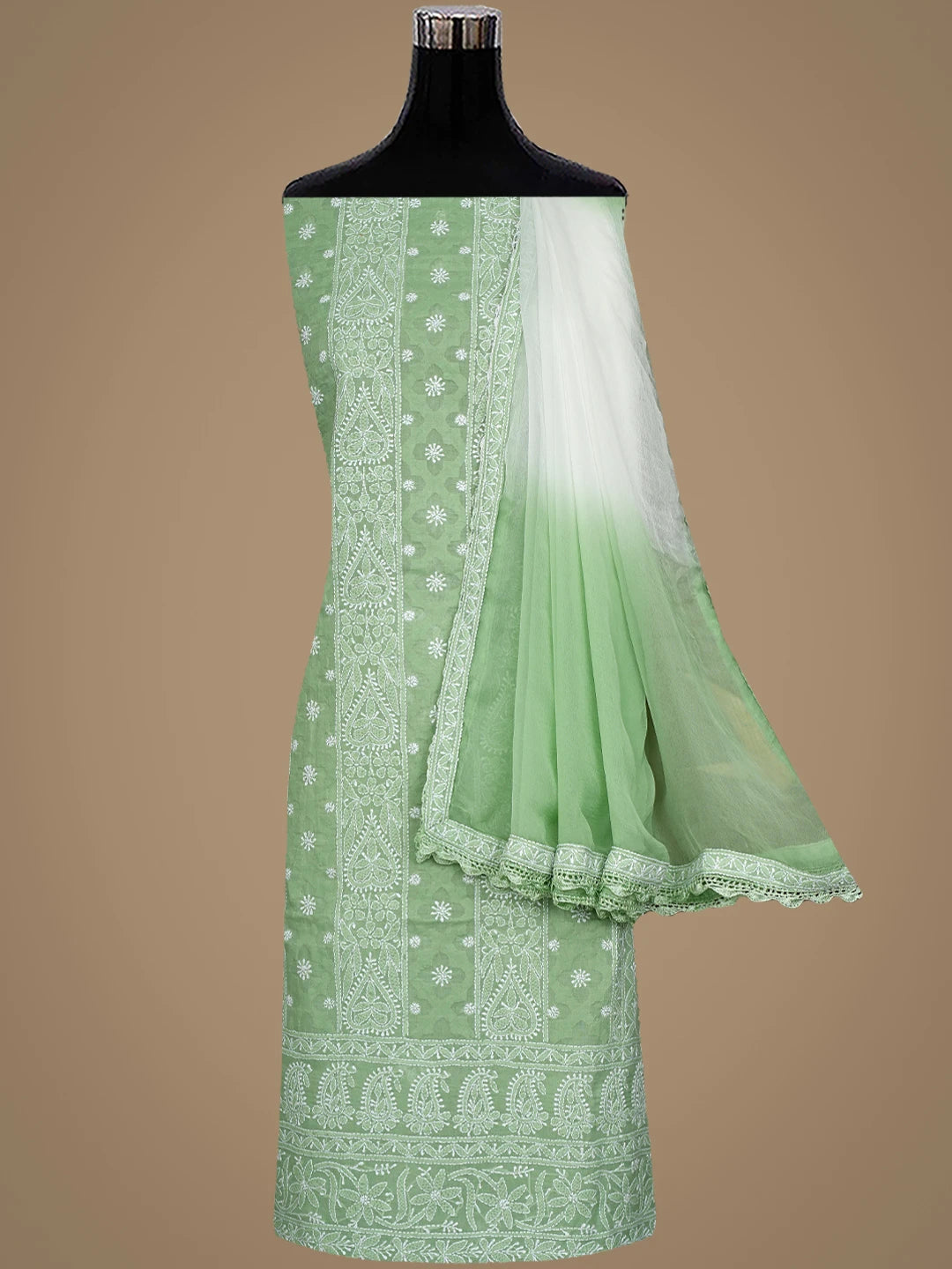 Ada Hand Embroidered Sage Green Cotton Lucknowi Chikankari Unstitched Suit Piece 01A900239