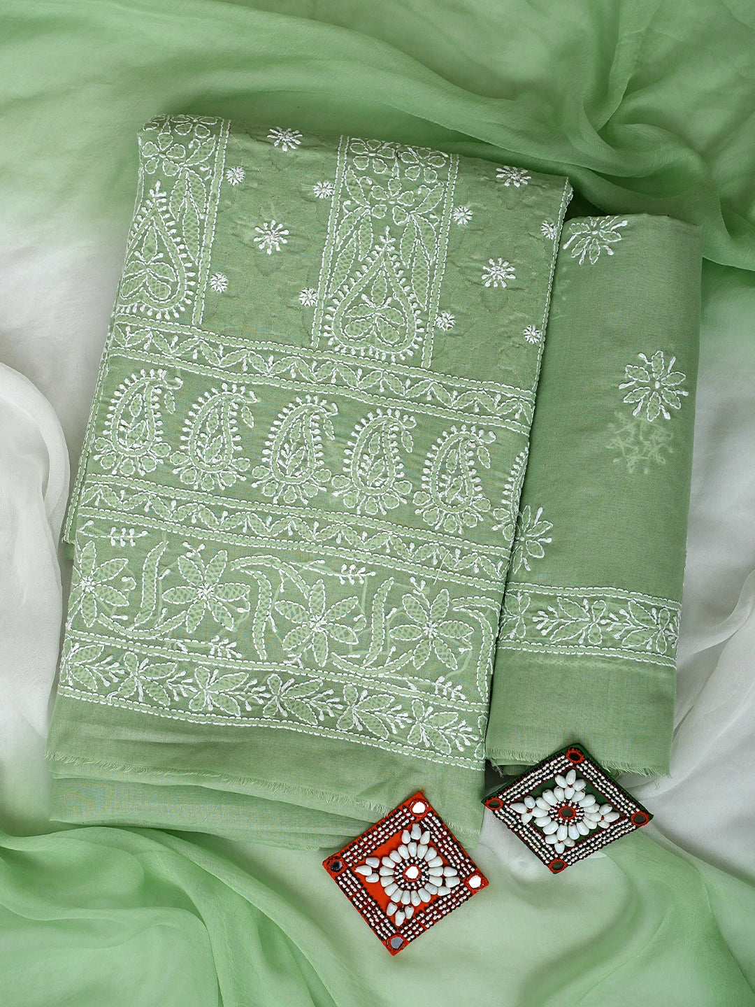 Ada Hand Embroidered Sage Green Cotton Lucknowi Chikankari Unstitched Suit Piece 01A900239