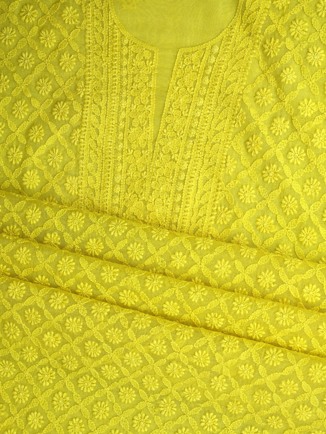 Ada Hand Embroidered Mustard Yellow Chanderi Lucknowi Chikankari Unstitched Kurta Dupatta Set 01A642402
