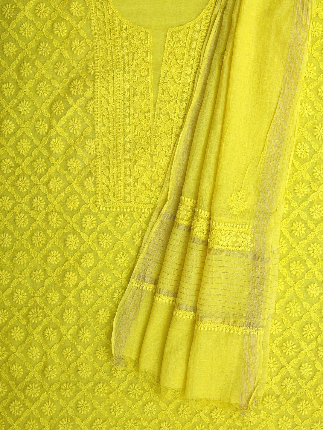 Ada Hand Embroidered Mustard Yellow Chanderi Lucknowi Chikankari Unstitched Kurta Dupatta Set 01A642402