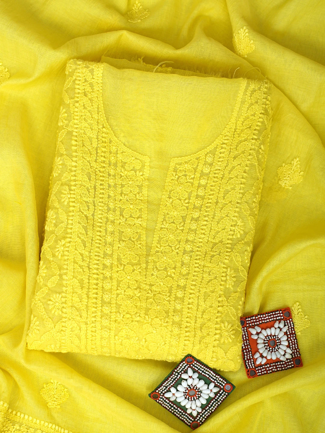 Ada Hand Embroidered Mustard Yellow Chanderi Lucknowi Chikankari Unstitched Kurta Dupatta Set 01A642402