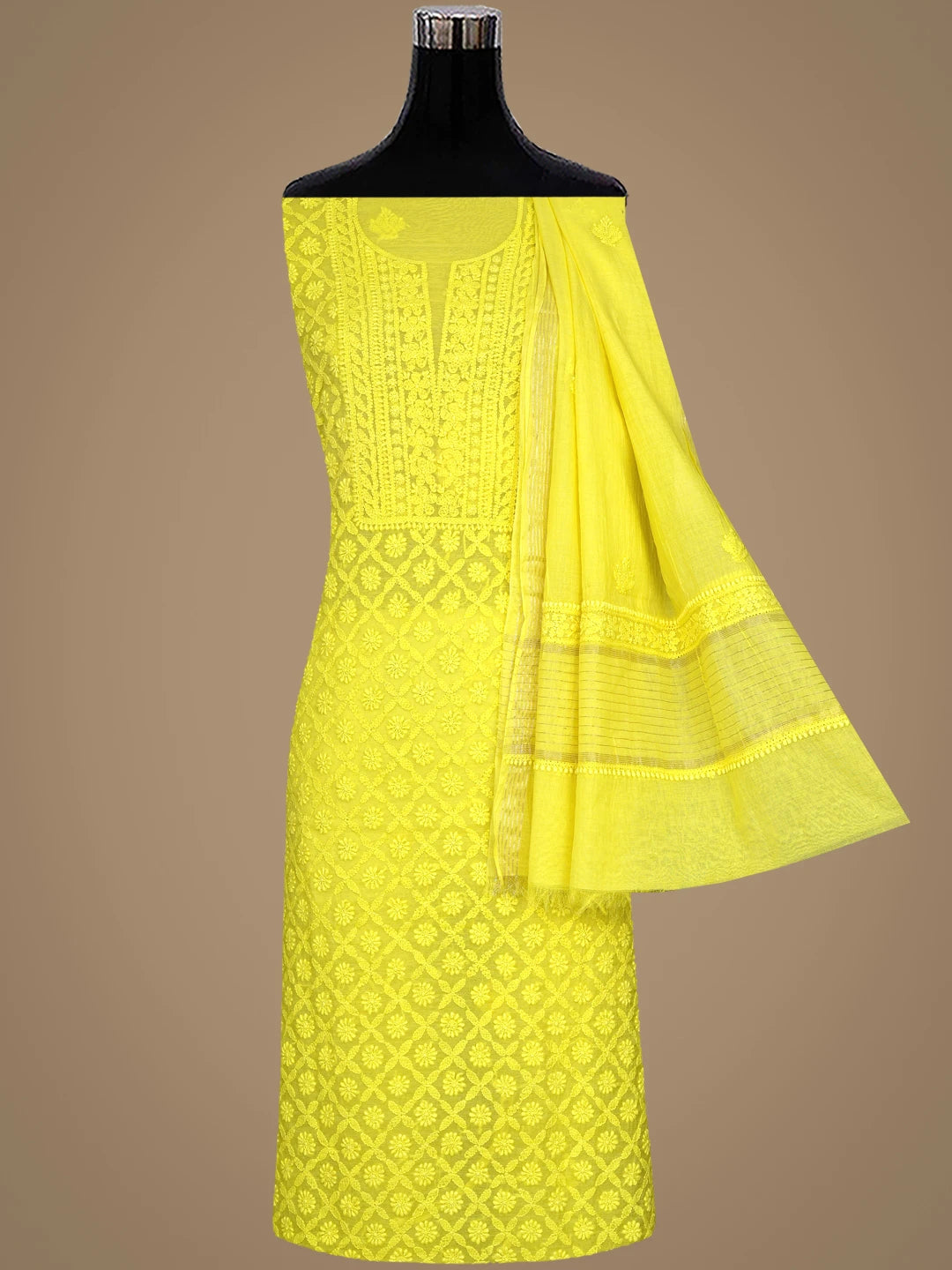 Ada Hand Embroidered Mustard Yellow Chanderi Lucknowi Chikankari Unstitched Kurta Dupatta Set 01A642402
