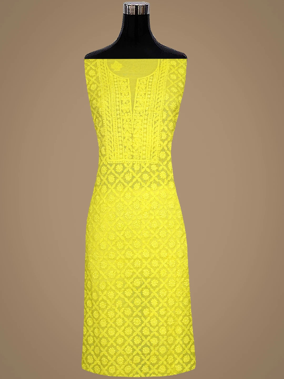 Ada Hand Embroidered Mustard Yellow Chanderi Lucknowi Chikankari Unstitched Kurta Dupatta Set 01A642402