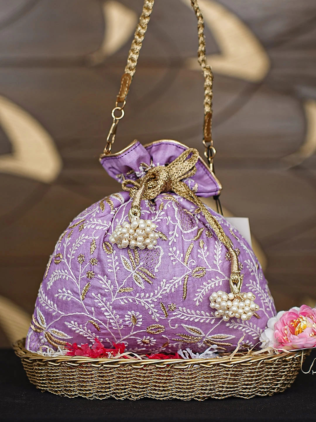 Ada Hand Embroidered Mauve Silk Lucknowi Chikankari Potli Bag With Zari Work 01A921461