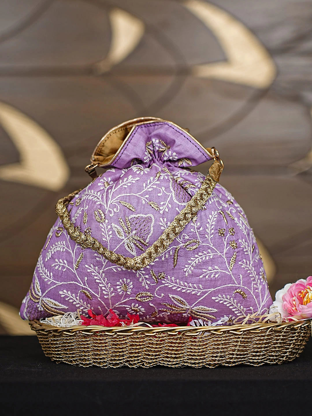 Ada Hand Embroidered Mauve Silk Lucknowi Chikankari Potli Bag With Zari Work 01A921461